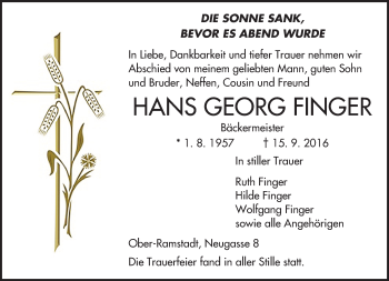 Traueranzeige von Hans Georg Finger von Trauerportal Echo Online
