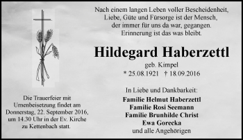 Traueranzeige von Hildegard Haberzettl von Trauerportal Rhein Main Presse