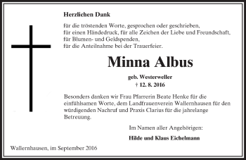 Traueranzeige von Minna Albus von  Kreisanzeiger