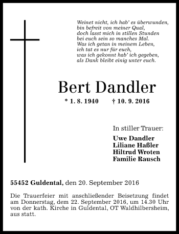 Traueranzeige von Bert Dandler von Trauerportal Rhein Main Presse