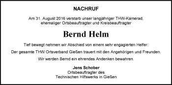 Traueranzeige von Bernd Helm von  Gießener Anzeiger