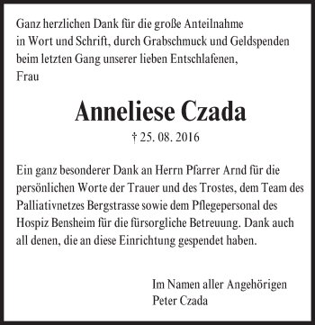 Traueranzeige von Anneliese Czada von Trauerportal Echo Online