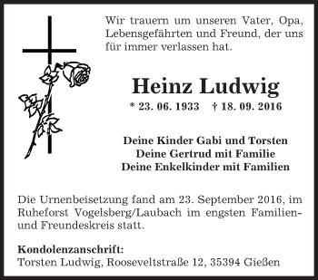 Traueranzeige von Heinz Ludwig von  Gelnhäuser Tageblatt