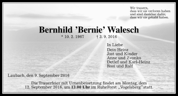 Traueranzeige von Bernhild Walesch von  Gießener Anzeiger
