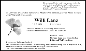 Traueranzeige von Willi Lanz von Trauerportal Rhein Main Presse