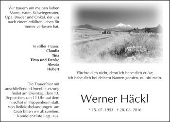 Traueranzeige von Werner Häckl von Trauerportal Echo Online