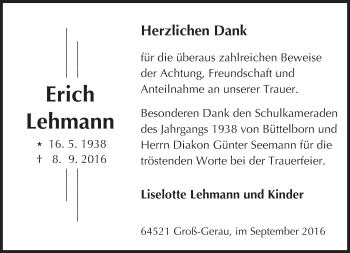 Traueranzeige von Erich Lehmann von Trauerportal Echo Online