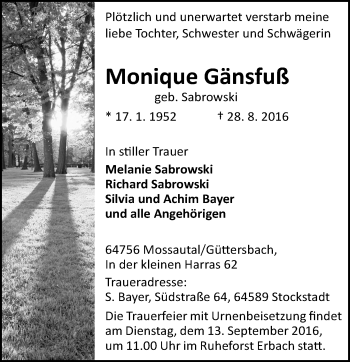 Traueranzeige von Monique Gänsfuß von Trauerportal Echo Online