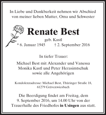 Traueranzeige von Renate Best von  Usinger Anzeiger