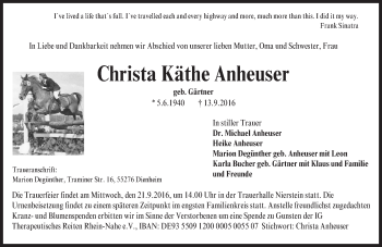Traueranzeige von Christa Käthe Anheuser von Darmstädter Echo