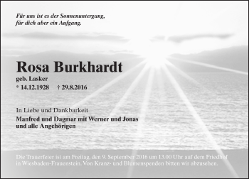 Traueranzeige von Rosa Burkhardt von Trauerportal Rhein Main Presse