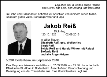 Traueranzeige von Jakob Reiß von Trauerportal Rhein Main Presse