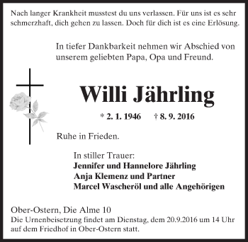 Traueranzeige von Willi Jährling von Trauerportal Echo Online