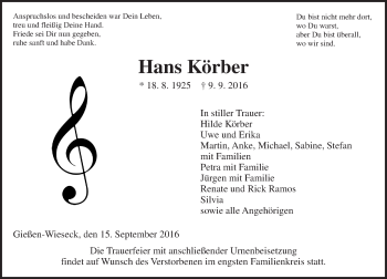 Traueranzeige von Hans Körber von  Gießener Anzeiger