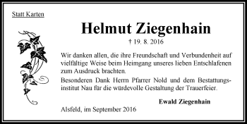 Traueranzeige von Helmut Ziegenhain von VRM Trauer