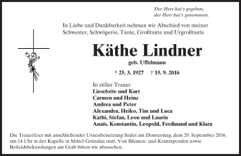 Traueranzeige von Käthe Lindner von  Kreisanzeiger