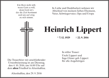 Traueranzeige von Heinrich Lippert von  Gelnhäuser Tageblatt