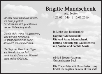 Traueranzeige von Brigitte Mundschenk von Trauerportal Rhein Main Presse