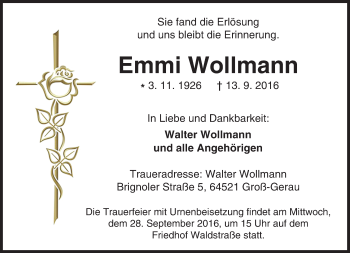 Traueranzeige von Emmi Wollmann von Trauerportal Echo Online
