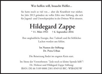 Traueranzeige von Hildegard Zappe von Trauerportal Rhein Main Presse