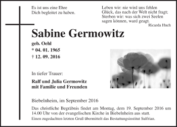 Traueranzeige von Sabine Germowitz von Trauerportal Rhein Main Presse