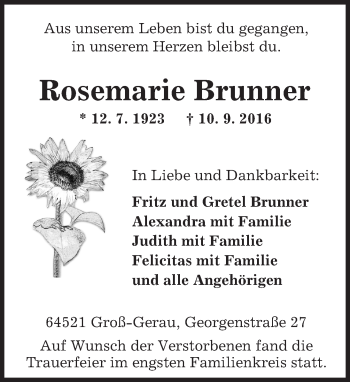 Traueranzeige von Rosemarie Brunner von Trauerportal Echo Online