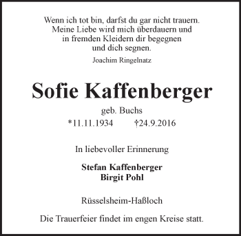Traueranzeige von Sofie Kaffenberger von Trauerportal Rhein Main Presse