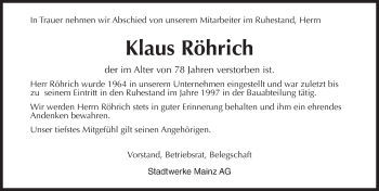 Traueranzeige von Klaus Röhrich von Trauerportal Rhein Main Presse