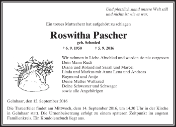 Traueranzeige von Roswitha Pascher von  Kreisanzeiger