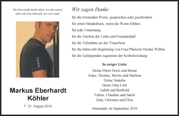 Traueranzeige von Markus Eberhardt Köhler von  Kreisanzeiger