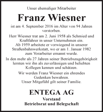 Traueranzeige von Franz Wiesner von Trauerportal Echo Online