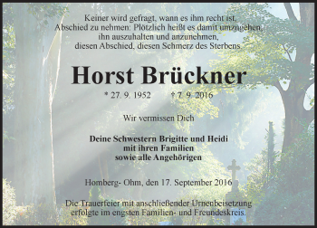 Traueranzeige von Horst Brückner von VRM Trauer