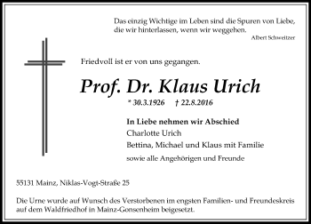 Traueranzeige von Klaus Urich von Trauerportal Rhein Main Presse