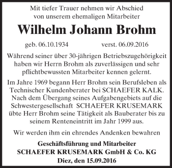 Traueranzeige von Wilhelm Johann Brohm von Trauerportal Echo Online
