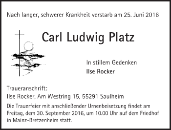 Traueranzeige von Carl Ludwig Platz von Trauerportal Rhein Main Presse Traueranzeige von Carl Ludwig Platz von Trauerportal Rhein Main Presse