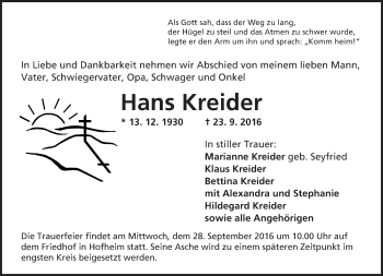 Traueranzeige von Hans Kreider von Trauerportal Echo Online