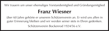 Traueranzeige von Franz Wiesner von Trauerportal Echo Online