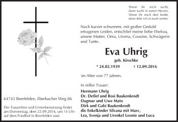 Traueranzeige von Eva Uhrig von Trauerportal Echo Online