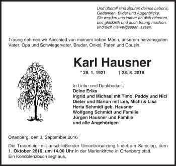 Traueranzeige von Karl Hausner von  Kreisanzeiger