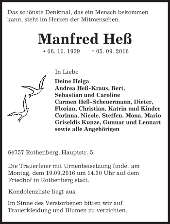 Traueranzeige von Manfred Heß von Trauerportal Echo Online