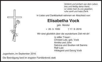 Traueranzeige von Elisabetha Vock von Trauerportal Echo Online