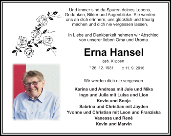 Traueranzeige von Erna Hansel von VRM Trauer