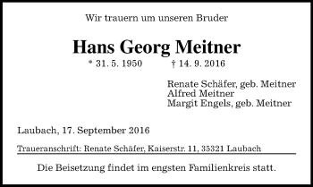 Traueranzeige von Hans Georg Meitner von  Gießener Anzeiger