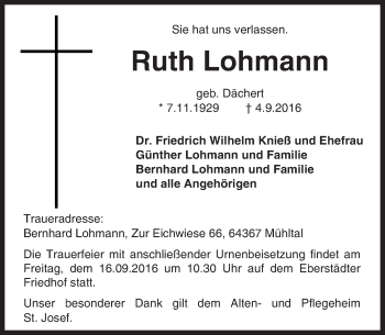 Traueranzeige von Ruth Lohmann von Trauerportal Echo Online
