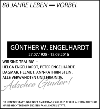 Traueranzeige von Günther W. Engelhardt von Trauerportal Rhein Main Presse