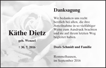 Traueranzeige von Käthe Dietz von  Kreisanzeiger