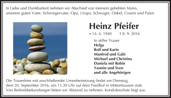 Traueranzeige von Heinz Pfeifer von Trauerportal Echo Online