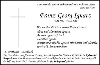 Traueranzeige von Franz-Georg Ignatz von Trauerportal Rhein Main Presse