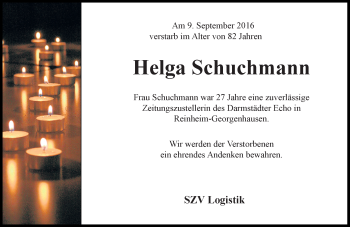 Traueranzeige von Helga Schuchmann von Trauerportal Echo Online