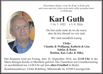 Traueranzeige von Karl Guth von  Gelnhäuser Tageblatt